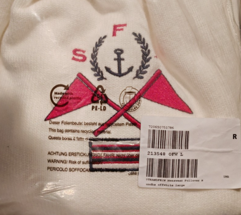 Strandfein Menswear Herren Pullover Gr. L Offwhite Rundhals Strick Anker D2