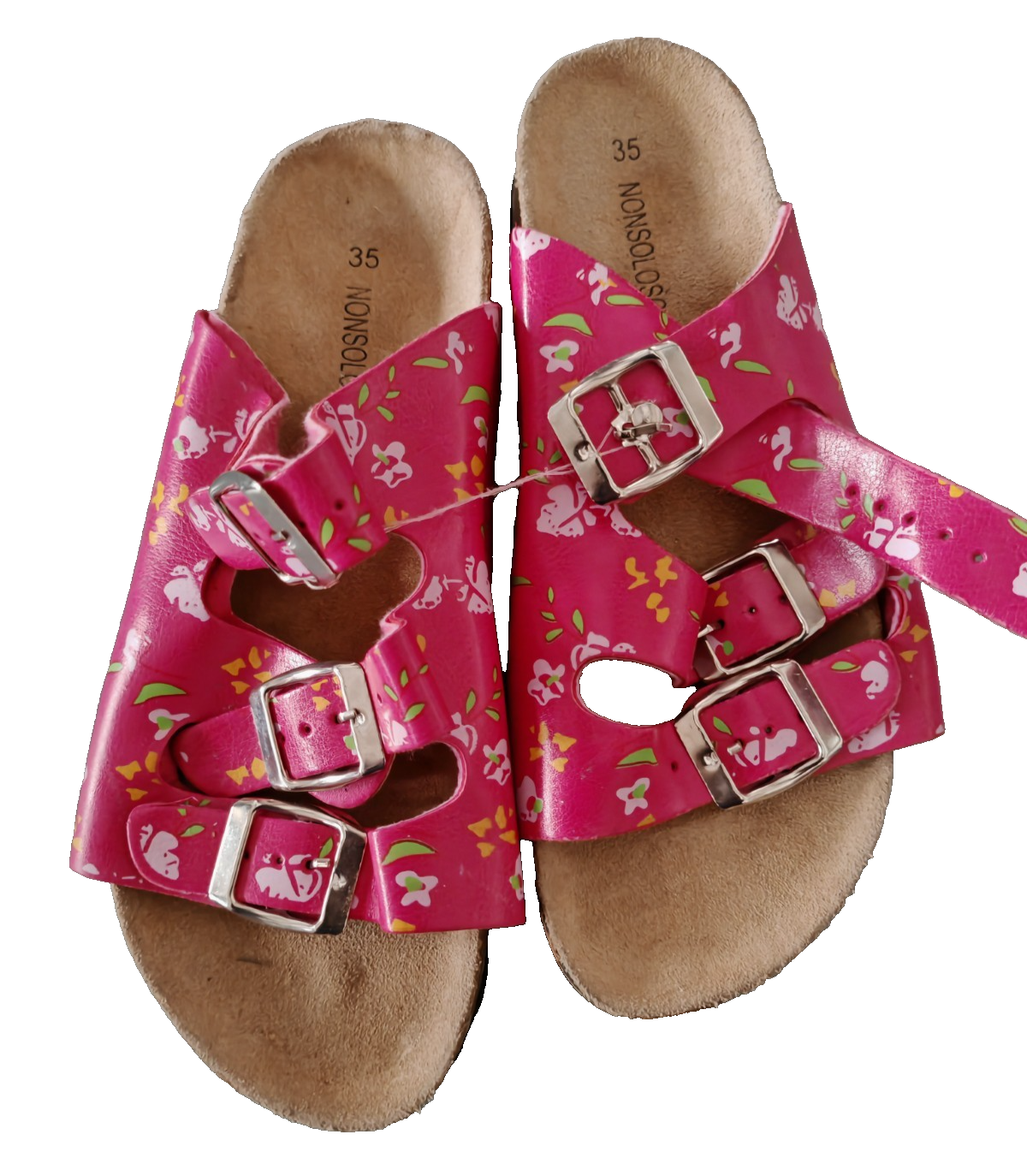 MONSOLOSO Damen Pantolette Gr. 35 Pink Blumen 3 Schnallen Korkoptik Sandale G2
