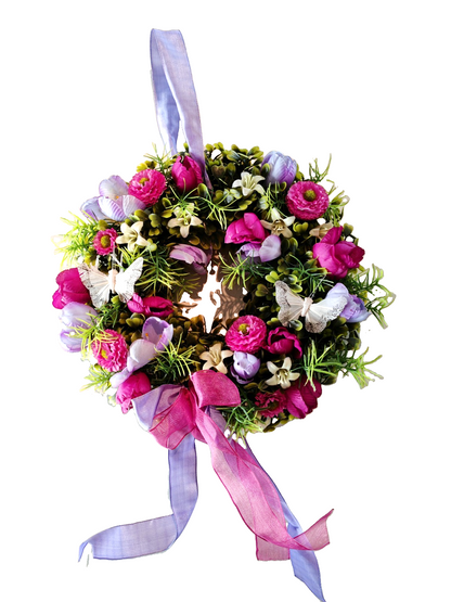 Türkranz Blumenkranz Rosa Lila 25 cm Schmetterlinge Frühlingskranz Deko C3