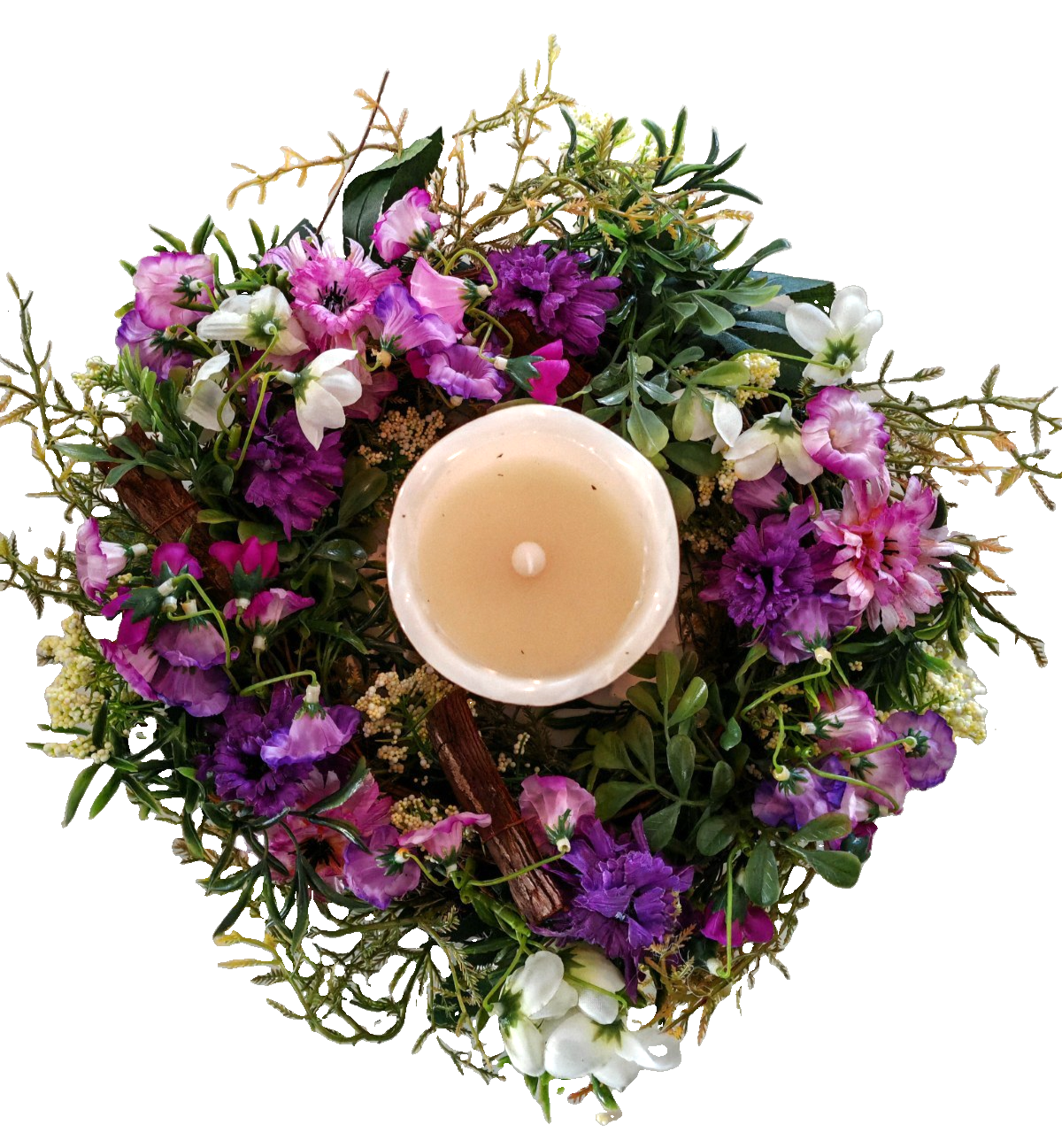 Frühling Tischkranz 34 cm Kunstblumen Lila Weiß mit LED Kerze Dekokranz E6