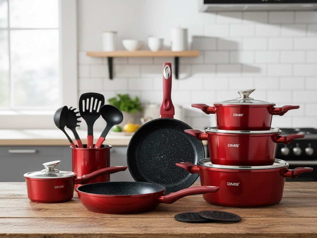 DMS® 15-tlg Induktions-Kochset Rot – Töpfe, Pfannen, Bratpfanne & Küchenhelfer ✅