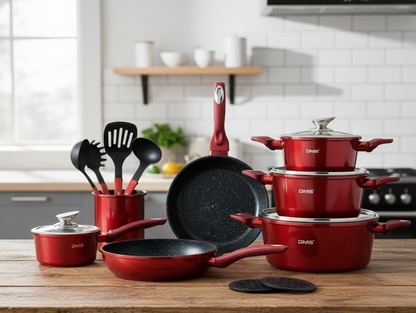 DMS® 15-tlg Induktions-Kochset Rot – Töpfe, Pfannen, Bratpfanne & Küchenhelfer ✅
