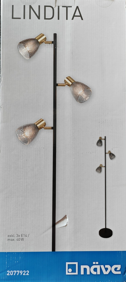 NÄVE Stehlampe Lindita 3-flammig Messing Matt Smokey Glas 3x E14 Stehleuchte F3
