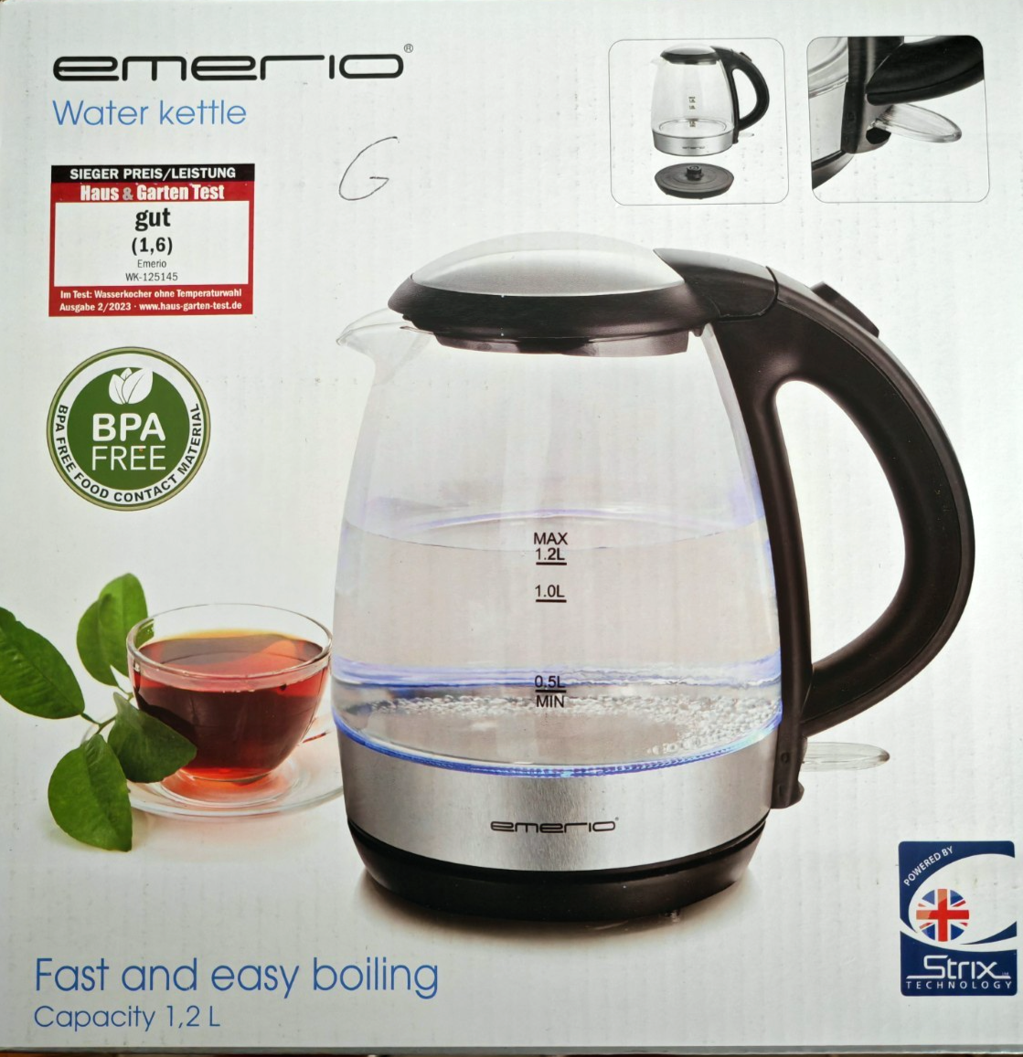 Emerio WK-125145 Glas Wasserkocher 1,2L 2200W LED BPA-frei Edelstahl HO-A5