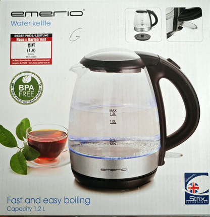Emerio WK-125145 Glas Wasserkocher 1,2L 2200W LED BPA-frei Edelstahl HO-A5