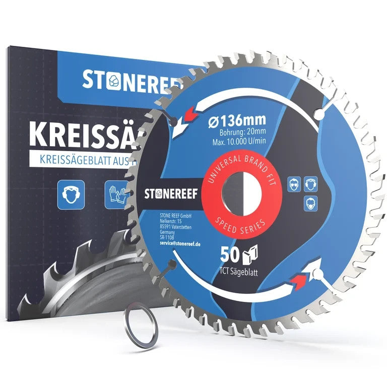 STONE REEF Kreissägeblatt 136x20mm 50 Zähne HM Holz Alu Kunststoff + Adapter