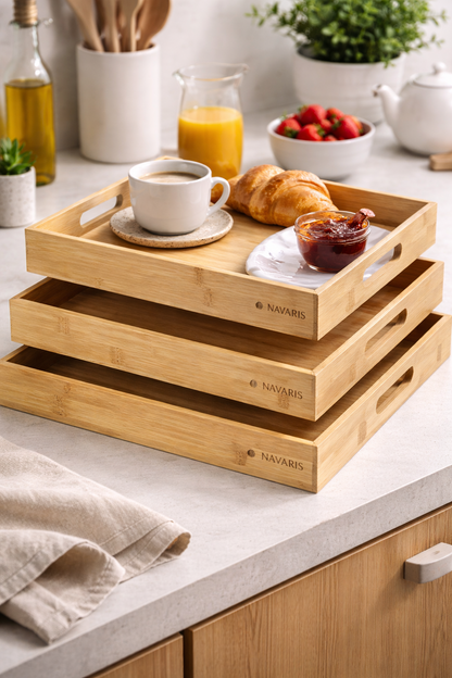 Navaris Serviertablett Bambus 3er Set Tablett Frühstück Holz