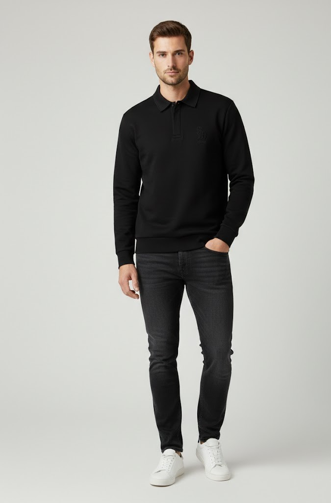 Strandfein Menswear Herren Sweatshirt Gr. S Schwarz Polo Pullover Langarm D3