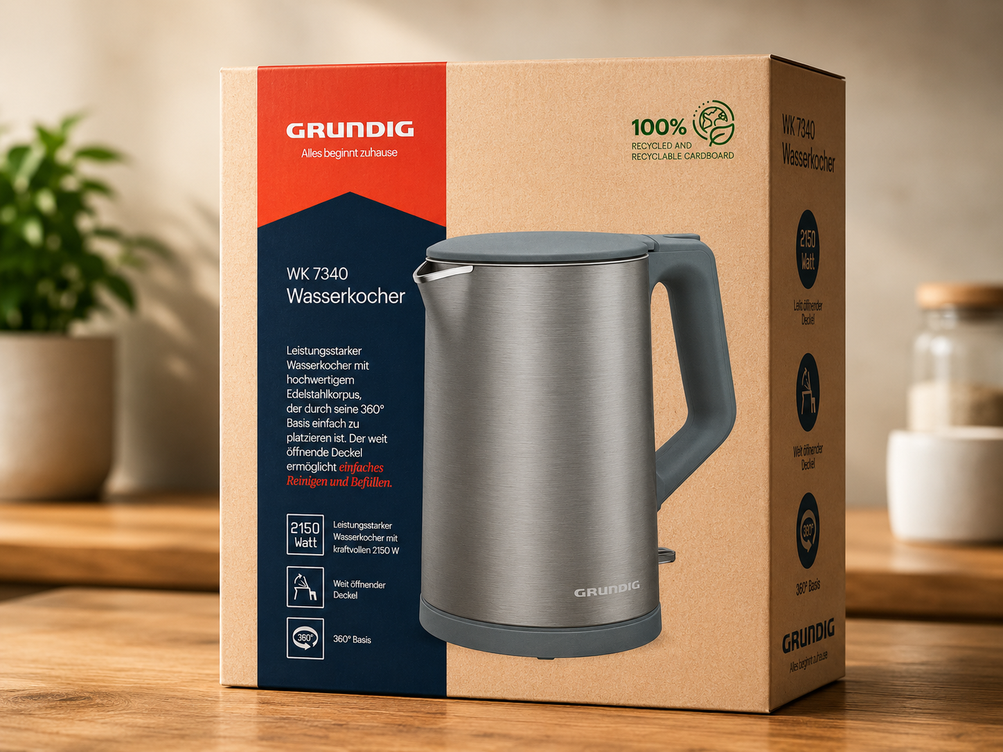 Grundig WK7340 Wasserkocher 1,5L 2150W Edelstahl Dark Inox kabellos HOA5