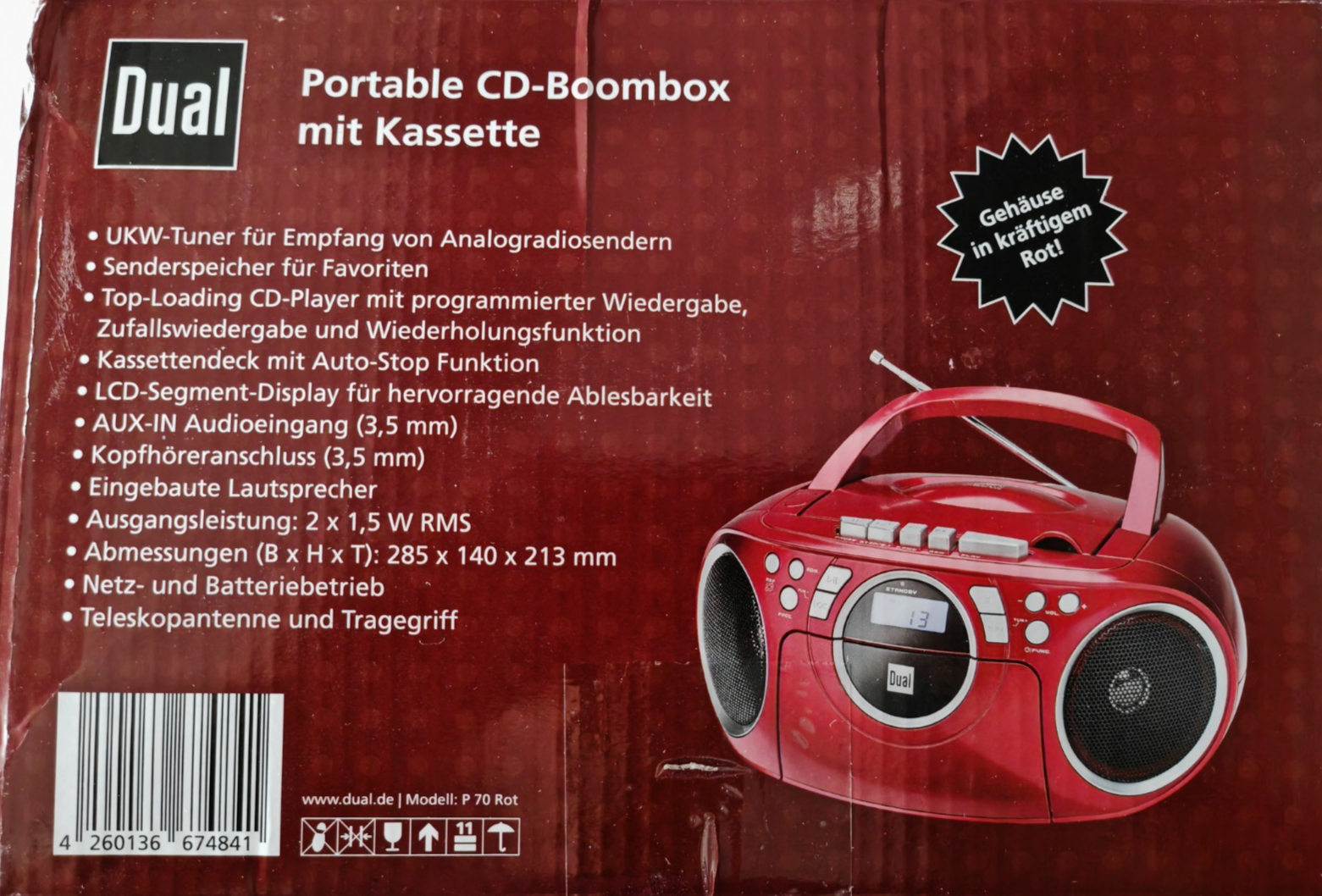 Dual P70 Kassettenradio CD Player UKW Boombox Stereo tragbar Rot A09