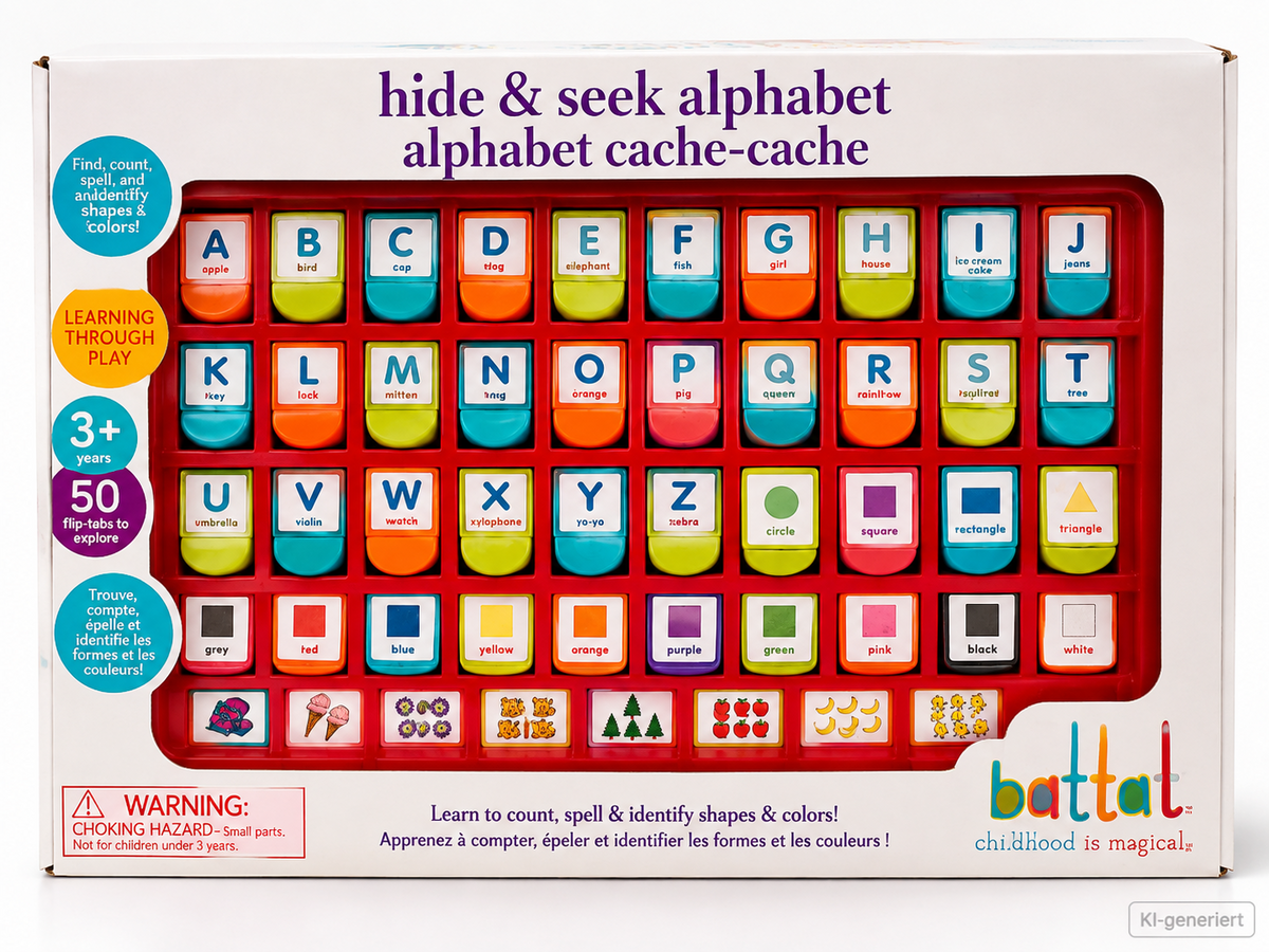 Battat Hide & Seek Alphabet Lernspiel Englisch ABC Zahlen Farben 50 Klappen  D6