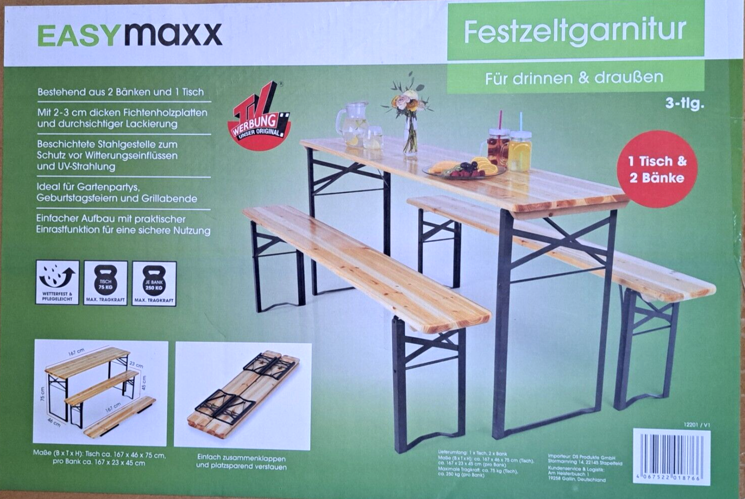 Easymaxx Festzeltgarnitur 3 Teilig, Party, Für innen und außen