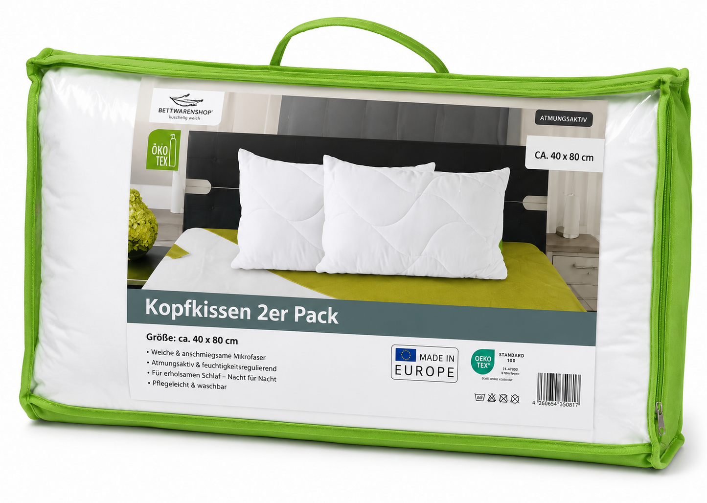 Sleep and Dream Kopfkissen 40x80 cm 2er Set Oeko-Fill Waschbar Weiß HA25