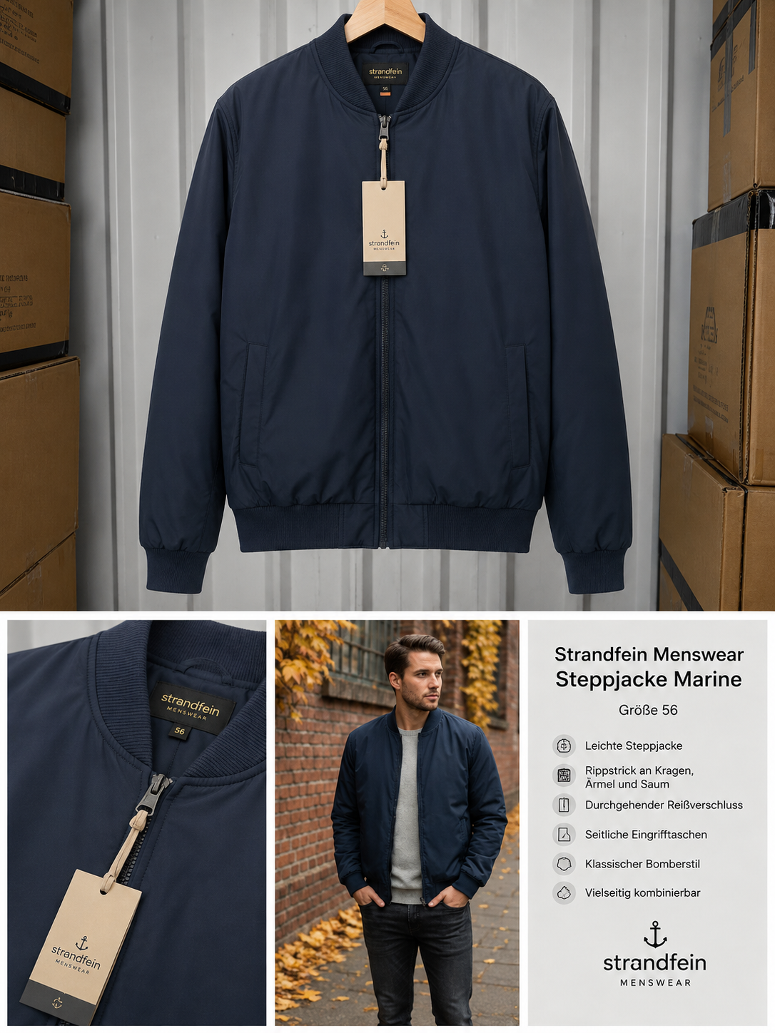 STRANDFEIN Menswear Herren Steppjacke Gr. 56 Marine Blau Bomberjacke Übergang D3