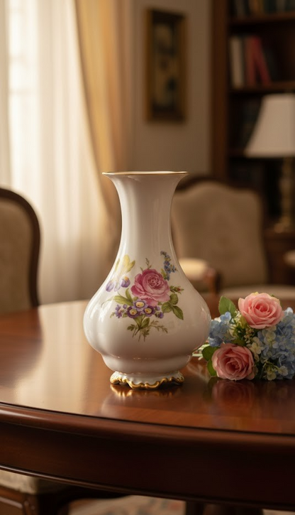 Lindner Porzellan Vase Blumendekor Goldrand Rosen Handarbeit Bavaria