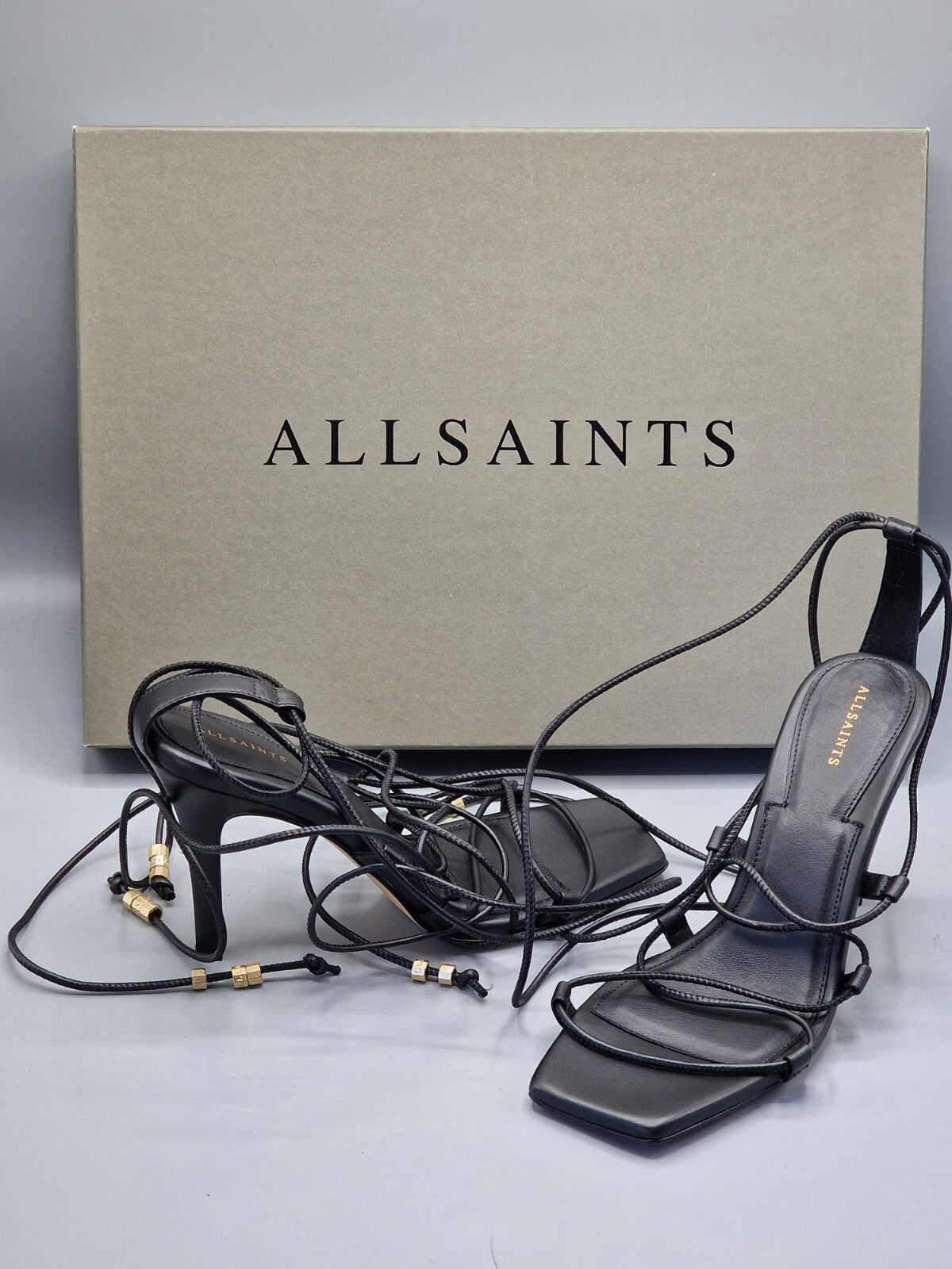 AllSaints Alice Damen Sandalen Leder Schwarz High Heels Riemchen Schuhe Gr. 37