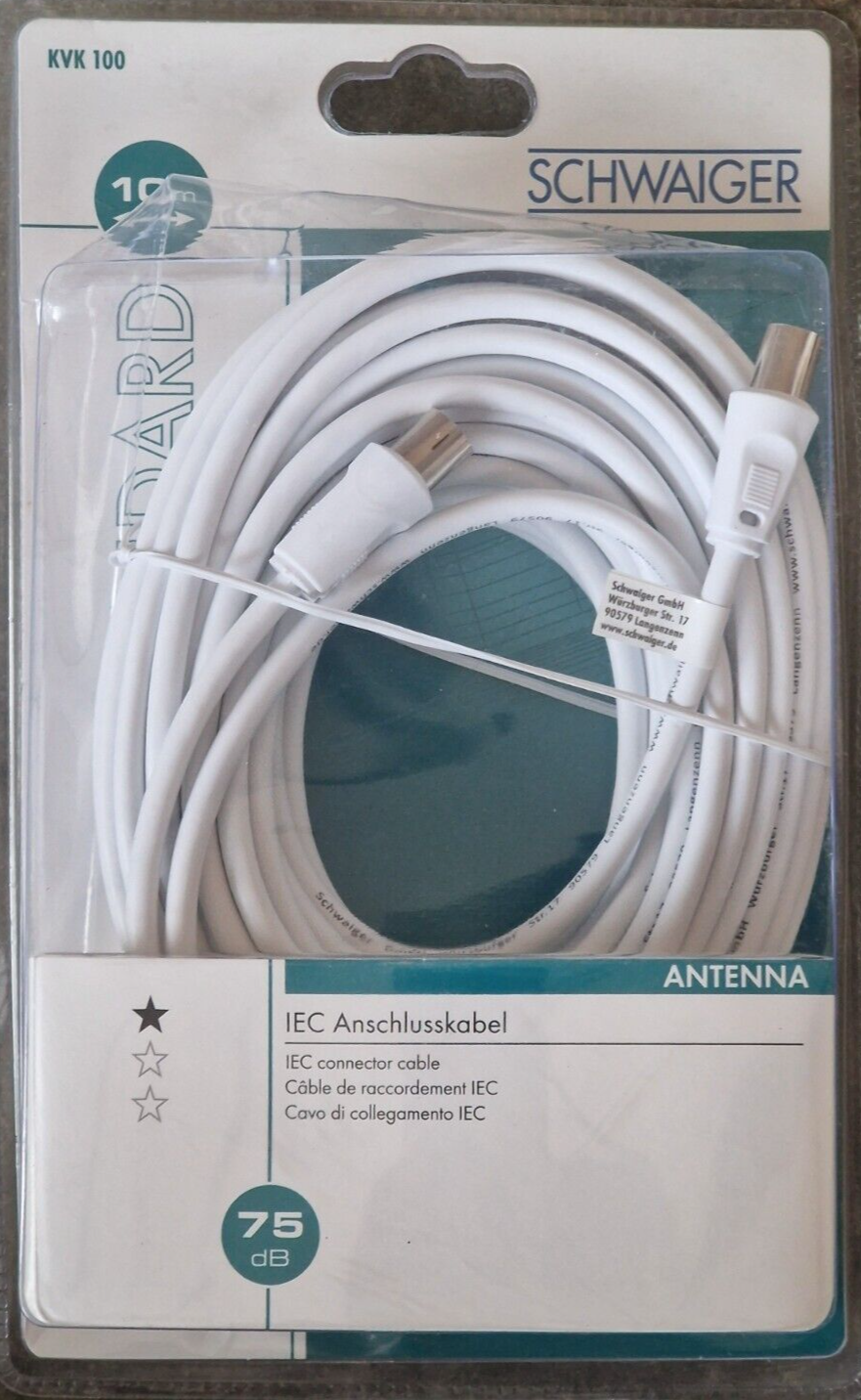 Schwaiger KVK100 IEC Anschlusskabel 10m 75dB Antennenkabel TV