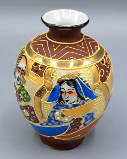 Japan Satsuma Vase Miniatur Porzellan Geisha Golddekor Handbemalt Vintage