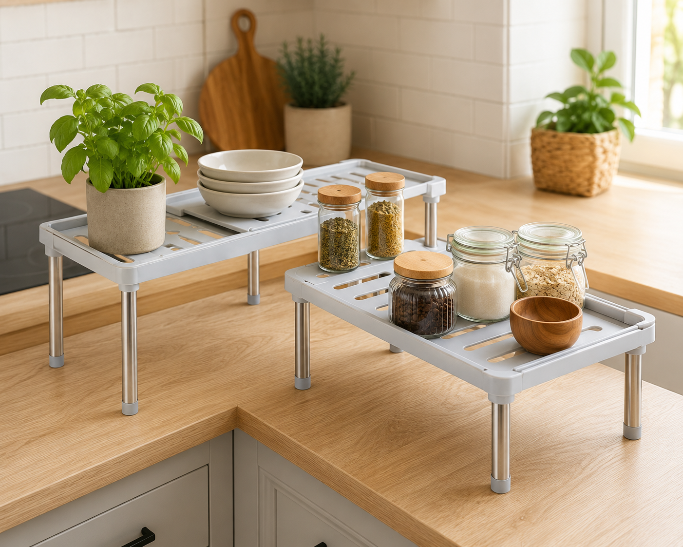 Teleskopregal Ausziehbar 2er Set Küche Bad Schrank Regal Organizer Grau E3