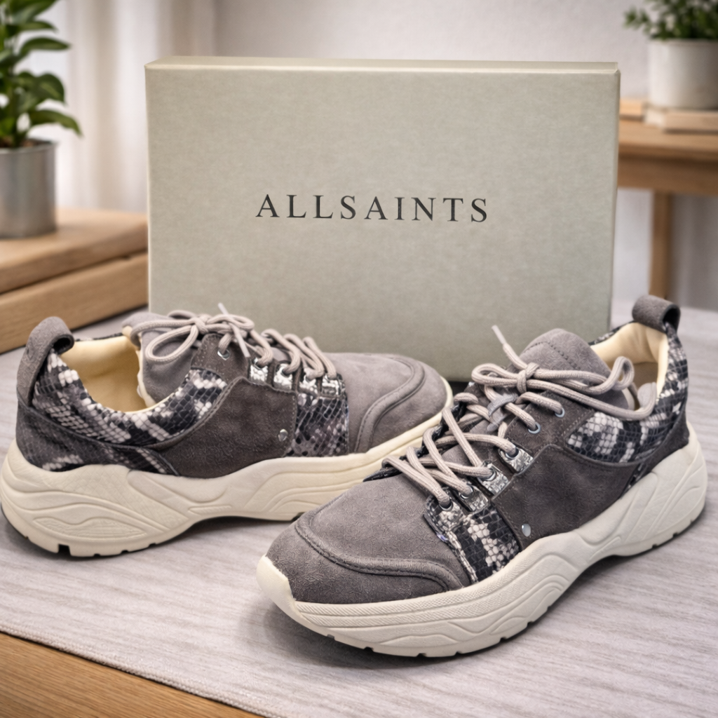 AllSaints Marco Tamaya Damen Sneaker Grau Snake Leder Chunky Schuhe Gr. 41 G1