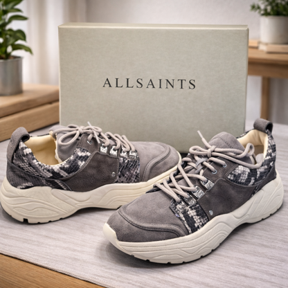 AllSaints Marco Tamaya Damen Sneaker Grau Snake Leder Chunky Schuhe Gr. 41 G1