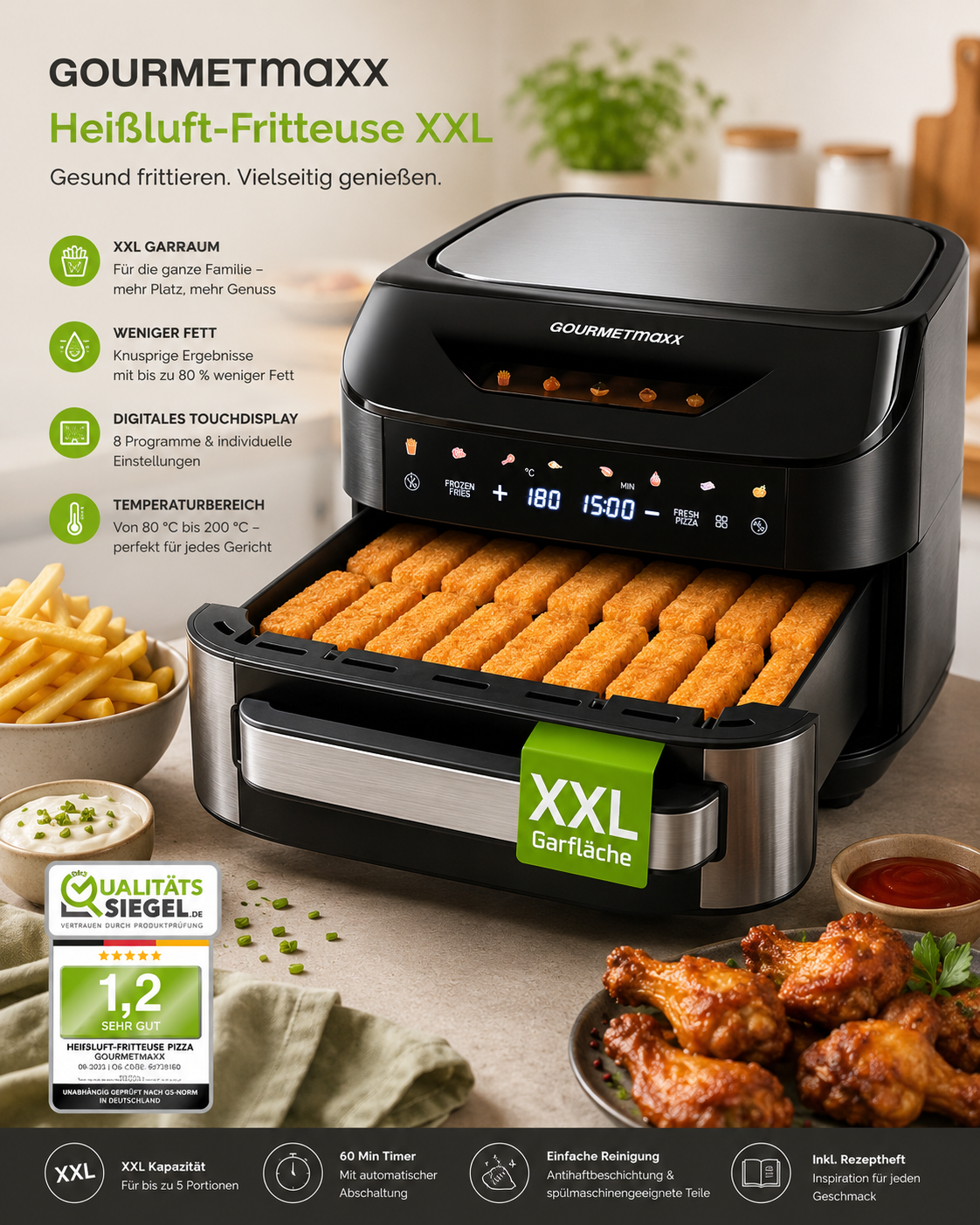GOURMETmaxx Heißluftfritteuse 7L XXL Airfryer Touchscreen 10 Programme 1800W A18