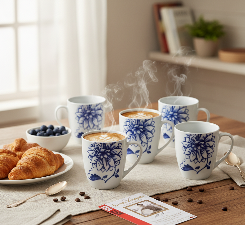 Arte Viva Luisa Kaffeebecher 6er Set Porzellan Tassen Blau Weiß Blumen HA18