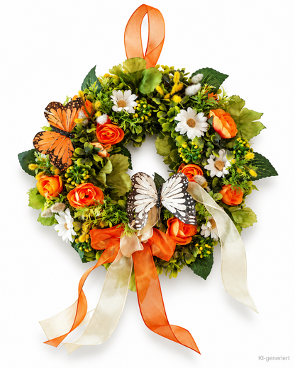 Türkranz Blumenkranz 25 cm Orange Weiß Schmetterlinge Kunstblumen Deko E6