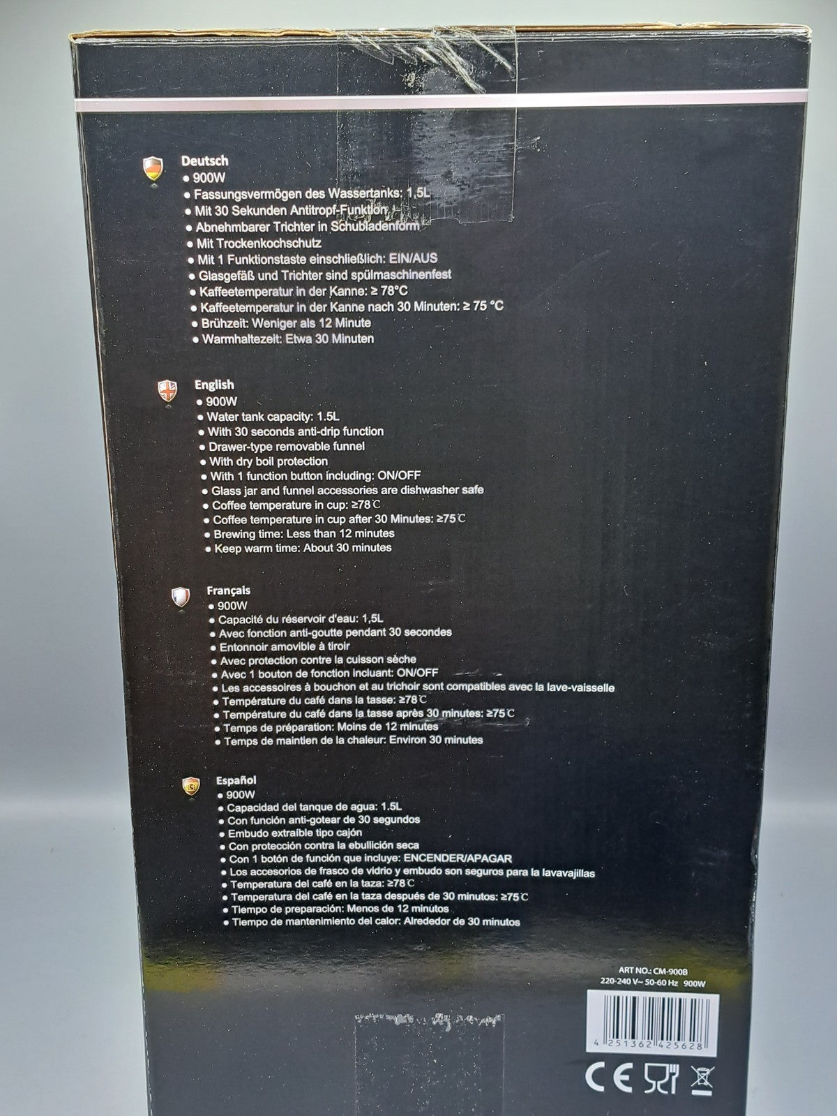 DMS CM-900B Filter Kaffeemaschine, 12 Tassen, Edelstahl, neuwertige Retoure