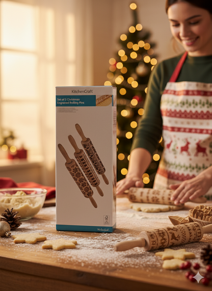 KitchenCraft Nudelhölzer 3er Set Weihnachtsgravur Teigroller Backen Weihnacht F5