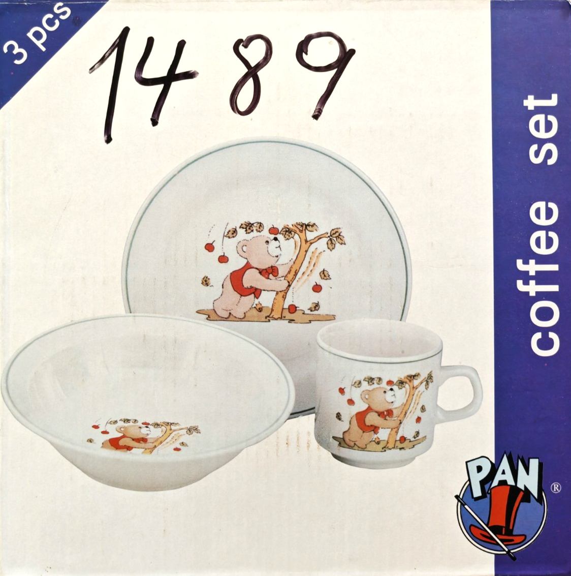 PAN Kinder Kaffeeset 3tlg Bär Apfel Motiv Tasse Teller Schale Vintage Retro D6