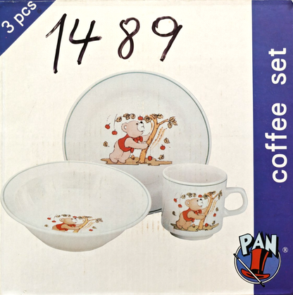 PAN Kinder Kaffeeset 3tlg Bär Apfel Motiv Tasse Teller Schale Vintage Retro D6