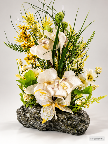 Kunstblumen Orchideen Gesteck auf Stein Weiß Gelb Grün Tischdeko ca. 42 cm B6