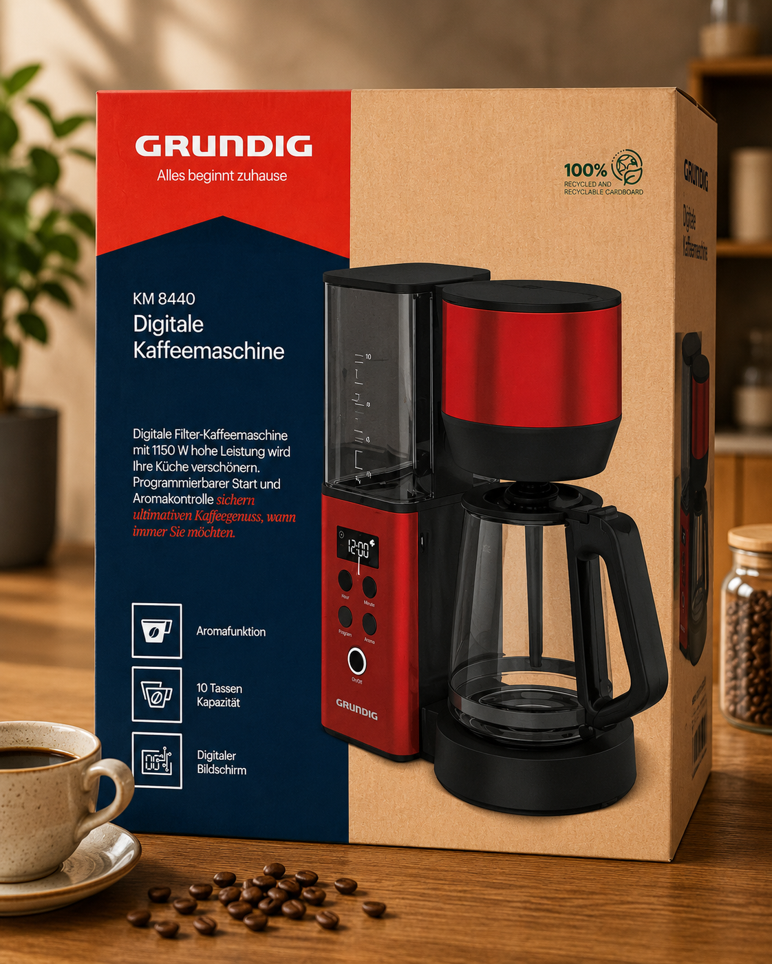 GRUNDIG KM8440 Filter Kaffeemaschine 1,25L 12 Tassen Timer Rot 1000W B05