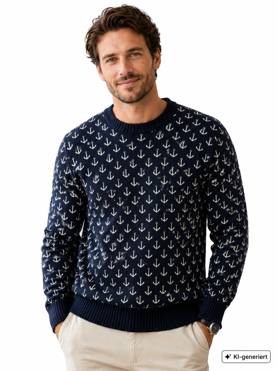 Strandfein Menswear Herren Pullover Gr. L Blau Anker Rundhals Strick Langarm