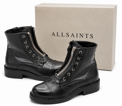 AllSaints Ariel Zip Boots Damen Leder Schwarz Gr. 38 Stiefeletten Biker Boots G1