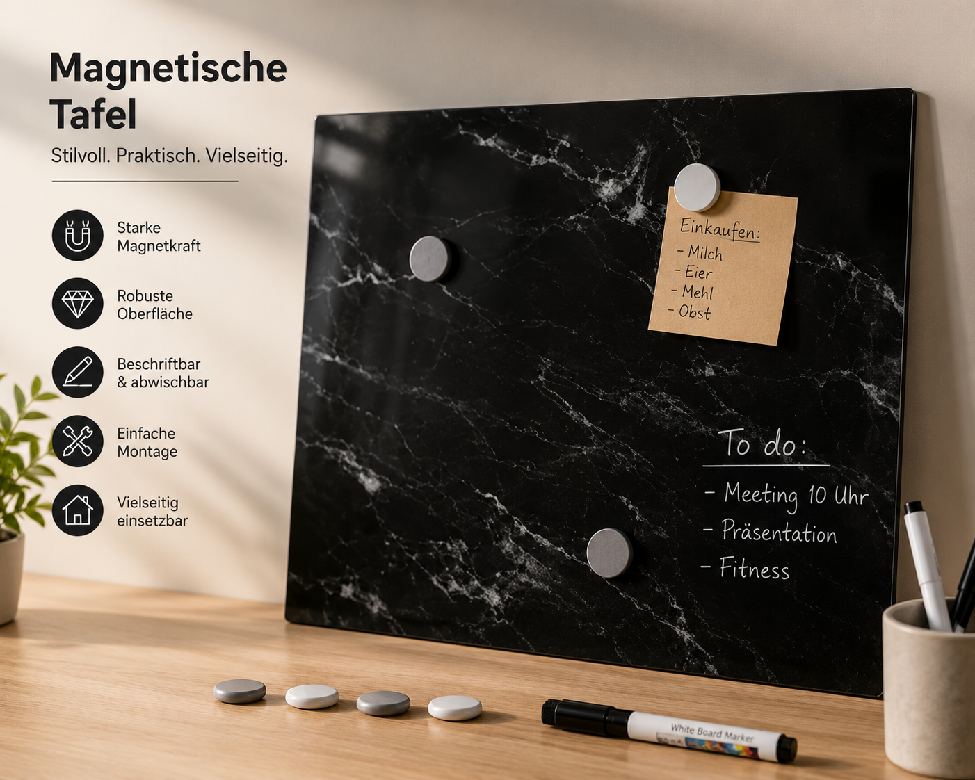 Navaris Magnettafel 70x50cm Memoboard Marmor Schwarz Büro Wandtafel Planer