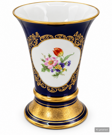Lindner Porzellan Vase 422 Echt Cobalt Ätzgold Handarbeit Blumen Bavaria
