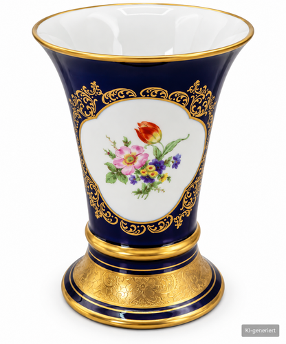 Lindner Porzellan Vase 422 Echt Cobalt Ätzgold Handarbeit Blumen Bavaria