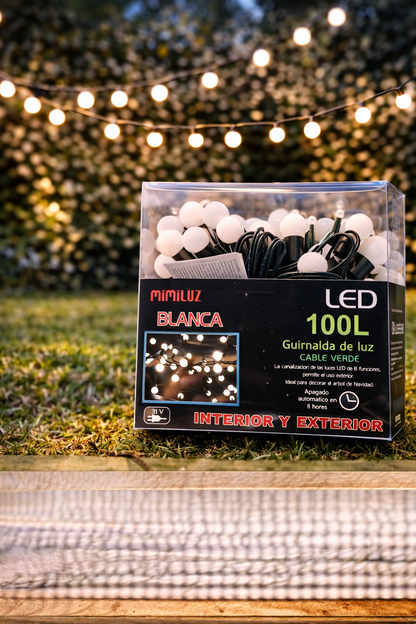 MIMILUZ LED Lichterkette 100 LEDs Weiß Grünes Kabel IP44 Timer Außen Innen HA35