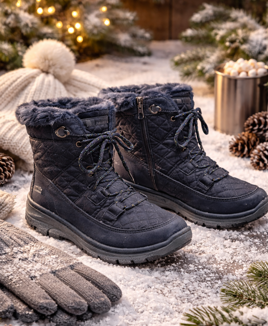 Skechers Damen Winterboots Gr. 35 Blau Memory Foam Gefüttert Schnürstiefel Boots