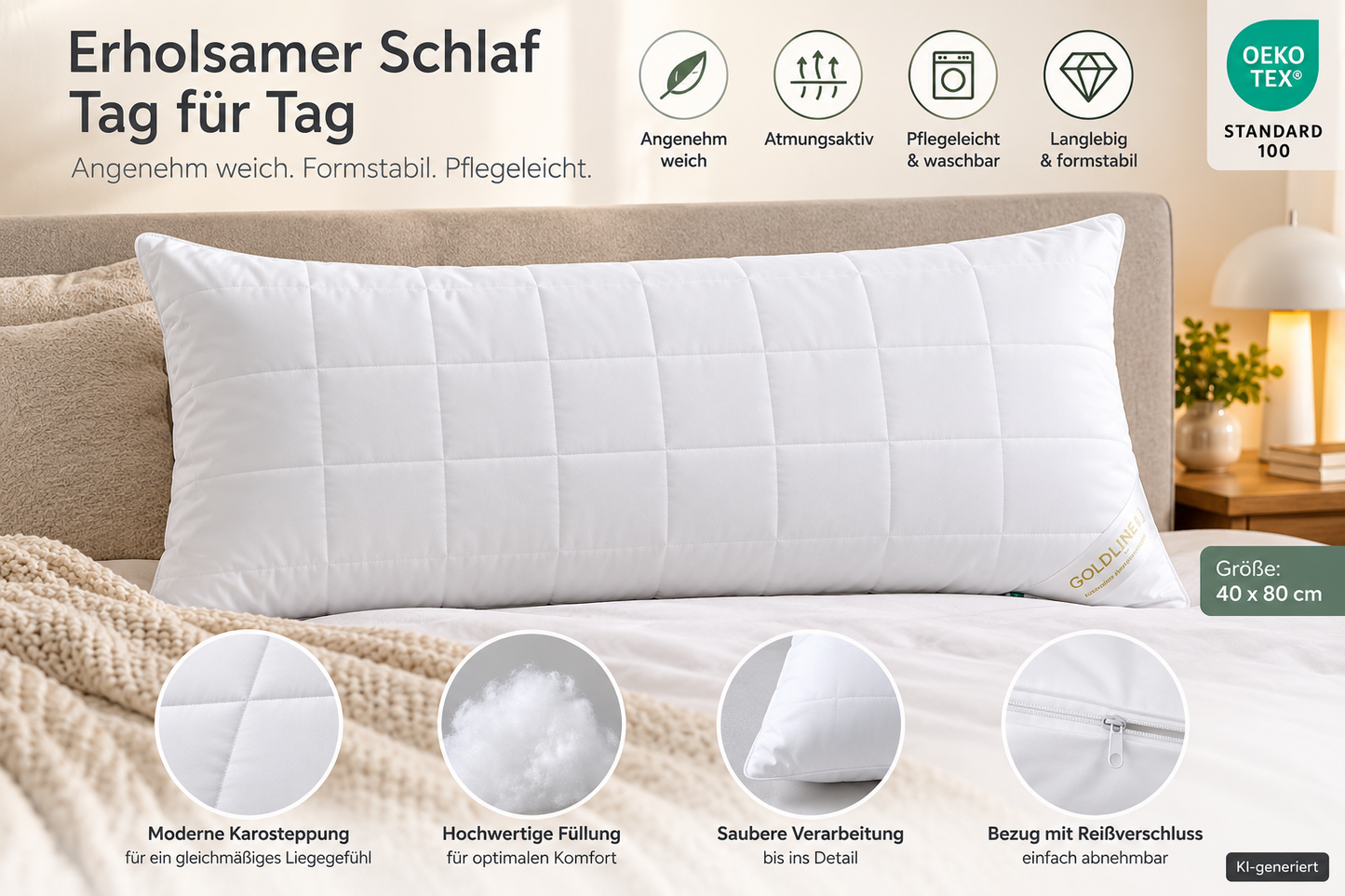 GOLDWOLKE Kopfkissen HeiQ Pure 3 Einleger individuell anpassbar Offwhite HA25