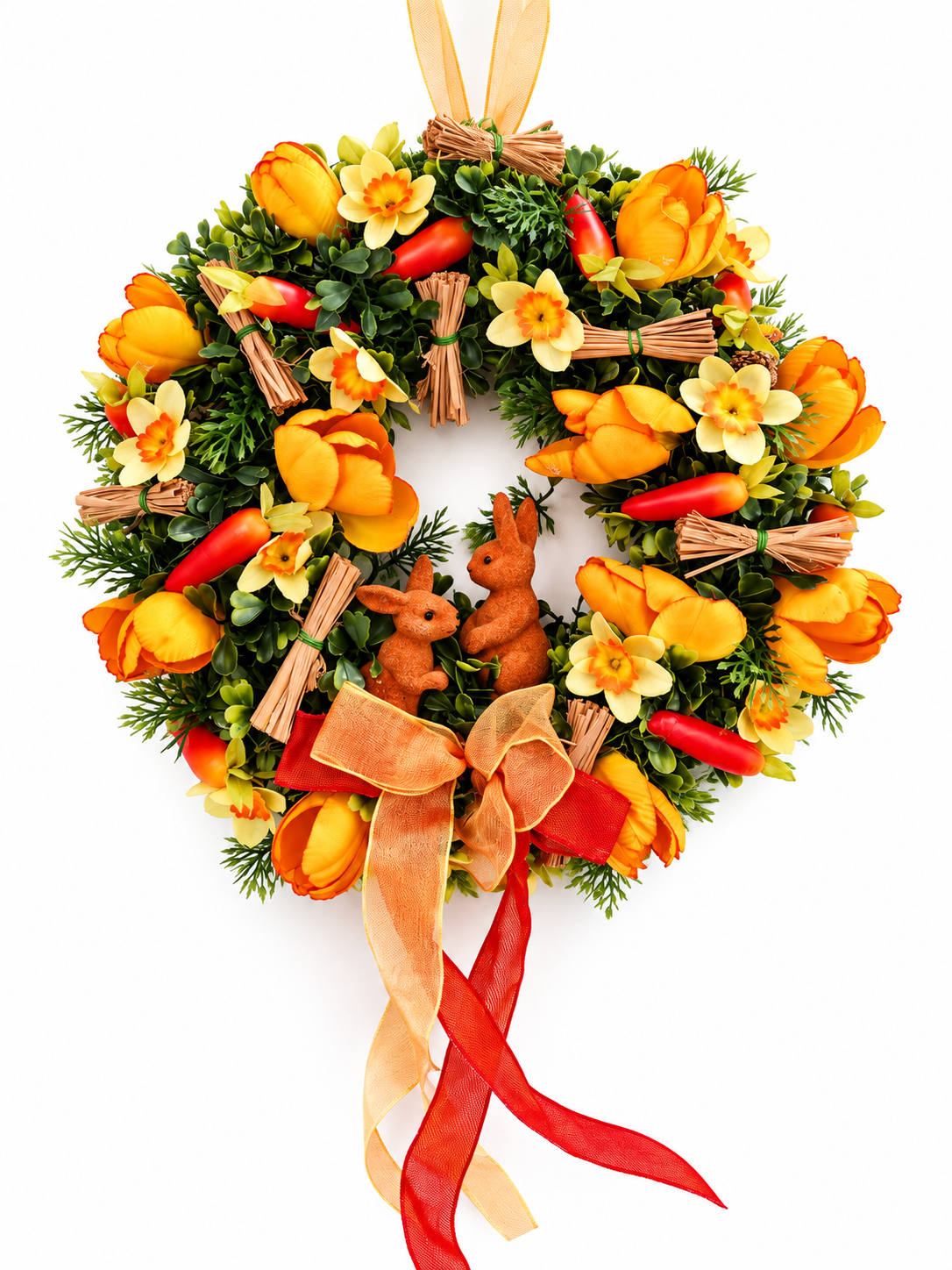 Osterkranz Türkranz mit 2 Hasen Orange Gelb Frühlingskranz Blumenkranz E7