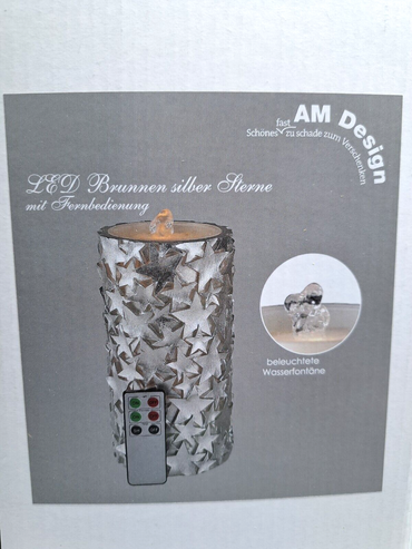 AM Design Brunnen Silber Sterne mit Fernbedienung, Beleuchtete Wasserfontäne