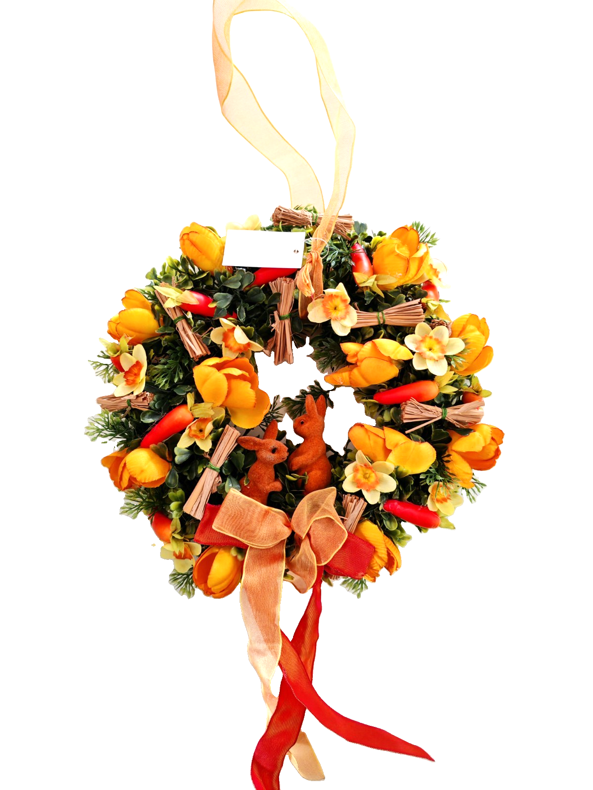 Osterkranz Türkranz mit 2 Hasen Orange Gelb Frühlingskranz Blumenkranz E7