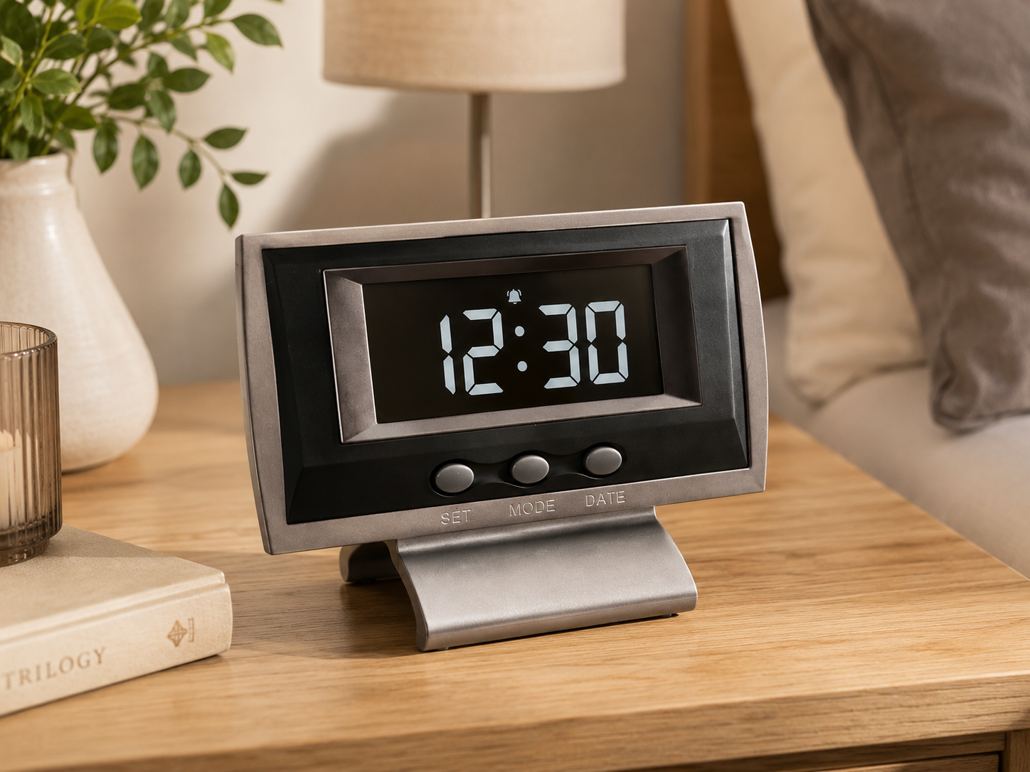LCD Tischuhr Grau 11x8 cm Digitaluhr Wecker Schreibtischuhr Uhr Accessoire A9