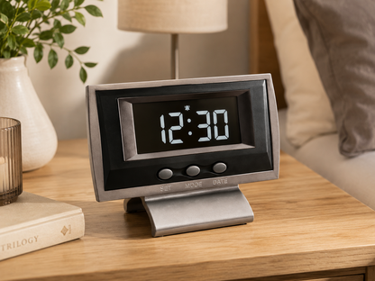 LCD Tischuhr Grau 11x8 cm Digitaluhr Wecker Schreibtischuhr Uhr Accessoire A9