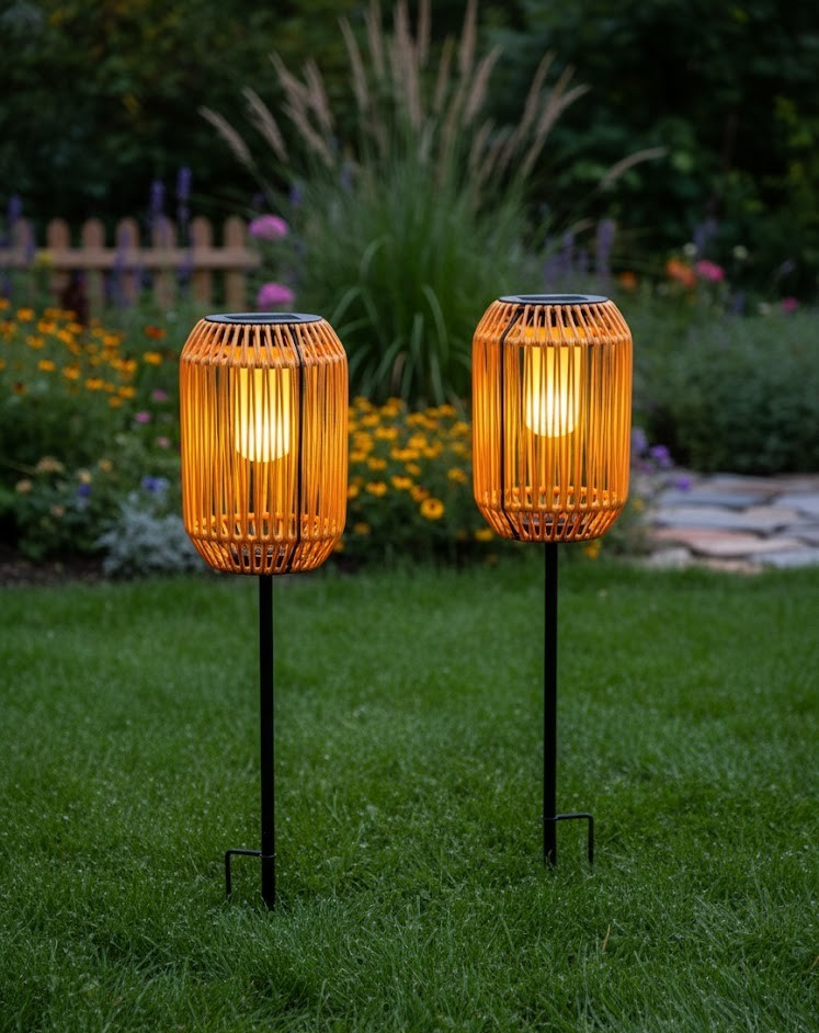 LUMIDA Garden 2 Solar-Fackeln Pfirsich | Rattan-Optik & Flamm-Effekt | Set