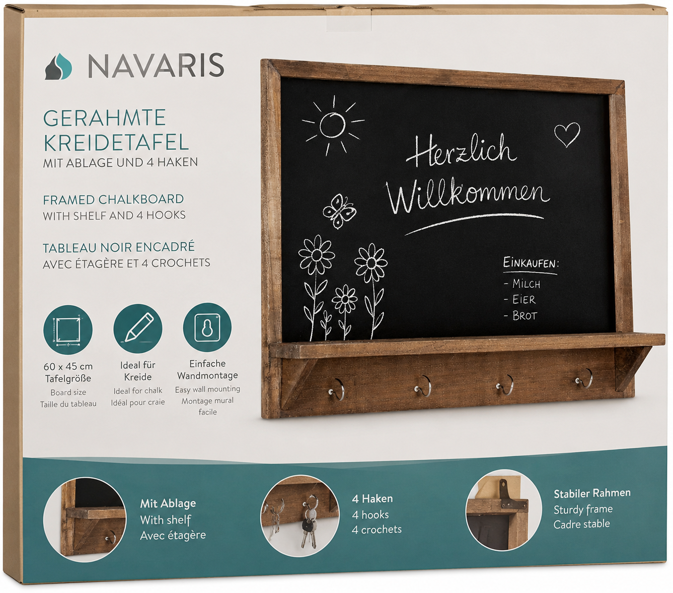 Navaris Kreidetafel 60x45cm Wandtafel Holzrahmen Ablage 4 Haken Memoboard P5