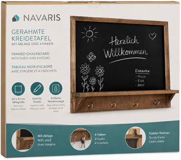 Navaris Kreidetafel 60x45cm Wandtafel Holzrahmen Ablage 4 Haken Memoboard P5